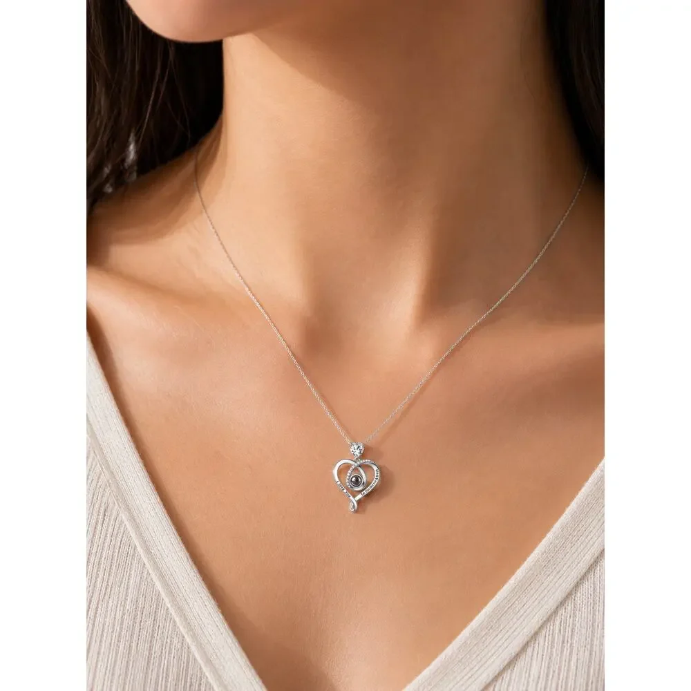 925 Sterling Silver 100 Languages I Love You Projection Heart Necklace Gift